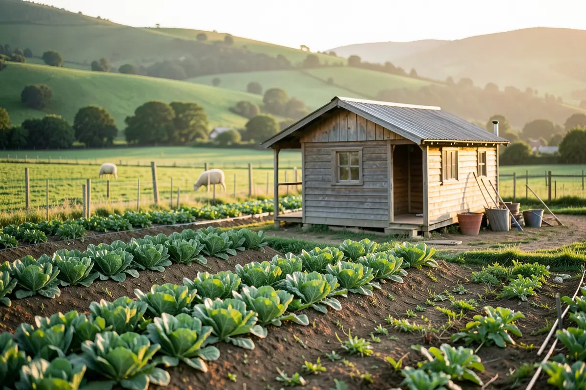 Guest cabin on a sustainable farm beside vegetable rows and grazing sheep at golden hour, illustrating farmstays